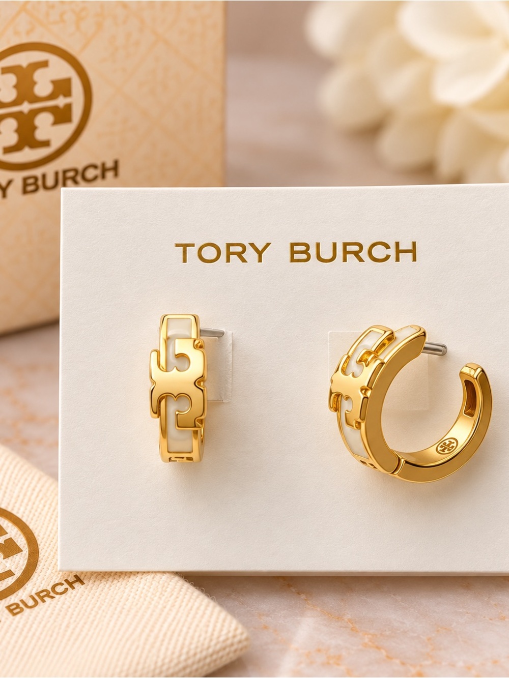 Tory Burch Polished Gold Logo Hoop and Stud Earrings
